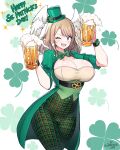  1girl ;d absurdres asymmetrical_bangs beer_mug bow bowtie breast_tattoo breasts cleavage clover coat cowboy_shot cup eunie_(xenoblade) four-leaf_clover green_bow green_bowtie green_coat green_hat hat head_wings high-waist_pants highres jarckius large_breasts mini_hat mini_top_hat mug one_eye_closed pants saint_patrick&#039;s_day smile solo tailcoat tattoo top_hat waistcoat waitress white_background wings xenoblade_chronicles_(series) xenoblade_chronicles_3 