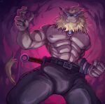  anthro bandai_namco blonde_hair blue_eyes bulge clawed clothed clothing digimon digimon_(species) erection erection_under_clothing hair hi_res leomon looking_at_viewer low-angle_view male mane muscular nipples nurinaki pecs smile smiling_at_viewer solo tail 