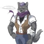 1:1 anthro baidou bandage beard belt bottomwear canid canine canis clothing core_tailang facial_hair hair male mammal pants pleasant_goat_and_big_big_wolf purple_beard purple_facial_hair purple_hair purple_scarf scarf shirt simple_background topwear white_background wolf 