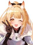  1girl :d animal_ears arknights armor black_bow black_gloves blemishine_(arknights) blonde_hair blush bow breastplate fur-trimmed_armor fur_trim gloves hair_bow hand_up highres horse_ears horse_girl long_bangs long_hair looking_at_viewer one_eye_closed one_side_up open_mouth orange_eyes pauldrons raramente shoulder_armor sidelocks simple_background smile solo straight-on upper_body v vambraces white_background 