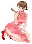  bare_shoulders brown_eyes brown_hair bucho china_dress chinese_clothes closed_fan copyright_request dress fan folding_fan high_heels kneeling shoes side_slit smile solo 