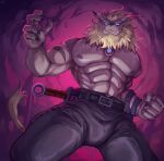  abs anthro bandai_namco blonde_hair blue_eyes clawed clothed clothing digimon digimon_(species) fingers hair hi_res leomon looking_at_viewer low-angle_view male male/male mane muscular nipples nurinaki pecs solo tail topless view 