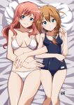  2girls aqua_eyes baba_karin_(idolmaster) baba_konomi bed_sheet bikini blush braid breasts breasts_apart brown_hair closed_mouth collarbone covered_navel cowboy_shot dot_nose double-parted_bangs eyelashes hair_between_eyes hair_ornament hair_over_shoulder hair_scrunchie highres idolmaster idolmaster_million_live! idolmaster_million_live!_theater_days large_breasts light_smile locked_arms long_hair looking_at_viewer lying medium_breasts multiple_girls on_back on_bed parted_bangs parted_lips pillow pink_hair ponpon school_swimsuit scrunchie side-by-side sidelocks signature single_braid straight-on swimsuit wavy_hair white_bikini 