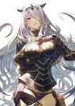  1girl armor black_armor black_capelet black_horns black_panties breasts camilla_(fire_emblem) capelet cleavage commentary_request fagi_(kakikaki) fake_horns fire_emblem fire_emblem_fates gloves gold_trim hair_over_one_eye highres horns large_breasts lips long_hair panties parted_lips pink_lips purple_eyes purple_gloves purple_hair simple_background solo underwear very_long_hair white_background 