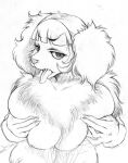 bangs big_breasts breasts canid canine female fur graphite_(artwork) hair holding_breast looking_at_viewer mammal marudi monochrome multi_breast nude pencil_(artwork) simple_background solo tongue tongue_out traditional_media_(artwork) white_background