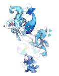  animal_focus blue_eyes blue_hair bright_pupils brionne bubble closed_mouth colored_eyelashes evolutionary_line eyelashes full_body heart highres no_humans open_mouth pink_pupils pokemon pokemon_(creature) popplio primarina satotsu simple_background white_background white_pupils 