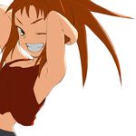  ;d aoba_(smartbeat) armpits arms_up bare_shoulders grin looking_at_viewer lowres my-hime one_eye_closed open_mouth simple_background sleeveless smile solo spiked_hair sugiura_midori tank_top teeth upper_body white_background 