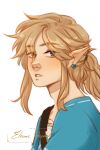  1boy artist_name blonde_hair blue_eyes blue_shirt close-up earrings eleanorgrootch english_commentary highres jewelry link looking_at_viewer male_focus parted_lips pointy_ears ponytail profile shirt sidelocks simple_background solo the_legend_of_zelda the_legend_of_zelda:_breath_of_the_wild upper_body white_background 
