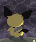 black_body black_fur butt clothing electricity feral footwear fur generation_2_pokemon hi_res lightning male melee_weapon nintendo pichu pichu90 pokemon pokemon_(species) rear_view shoes solo sword weapon yellow_body yellow_fur