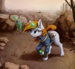  2019 absurd_res alcor90 clothing cutie_mark equine fallout_equestria fan_character feral green_eyes gun hi_res horn inner_ear_fluff littlepip mammal my_little_pony outside ranged_weapon unicorn weapon 