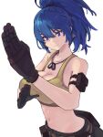  1girl arm_pouch bare_shoulders black_gloves blue_eyes blue_hair breasts cargo_pants crop_top dog_tags earrings gloves highres jewelry leona_heidern midriff navel ooiwa_(irc14786149) pants ponytail simple_background sleeveless soldier solo tank_top the_king_of_fighters the_king_of_fighters_xv triangle_earrings white_background yellow_tank_top 