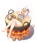  1girl ^_^ absurdres ahoge bare_arms bare_legs barefoot blue_one-piece_swimsuit blush closed_eyes collarbone commentary_request cooking cooking_pot curvy feet fire food food_focus genshin_impact h4mster3433 happy highres korean_commentary legs lying medium_hair on_stomach one-piece_swimsuit open_mouth paimon_(genshin_impact) relaxing ripples simple_background smile solo soup swimsuit teeth thighs toes white_background white_hair 