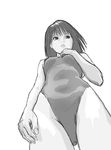 bucho copyright_request foreshortening from_below greyscale highleg highleg_swimsuit monochrome one-piece_swimsuit simple_background solo swimsuit 