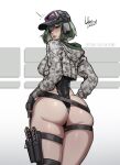  1girl aelion_draws ass black_choker blush camouflage choker closed_mouth commentary ela_(rainbow_six_siege) english_commentary green_eyes green_hair grey_hat grey_jacket gun handgun headphones highres holding holding_weapon hood hood_down jacket lips looking_at_viewer looking_back medium_hair patreon_username rainbow_six_siege signature simple_background solo standing thigh_strap weapon white_background 