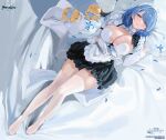  1girl alternate_costume animal apron azur_lane bed_sheet bird black_dress blue_hair blush breasts chain chapayev_(azur_lane) chick cleavage cleavage_cutout closed_mouth clothing_cutout copyright_name copyright_notice dress enmaided feet flower frilled_dress frills full_body gloves hair_ornament hair_over_one_eye hairclip half-closed_eyes hat highres kandzume_(kandume200) large_breasts logo long_sleeves looking_at_viewer lying maid maid_apron maid_headdress manjuu_(azur_lane) medium_hair military_hat mole mole_on_breast non-web_source official_art on_back on_bed peaked_cap petals pillow purple_eyes short_dress swept_bangs thighhighs thighs two-tone_dress unworn_hat unworn_headwear white_dress white_gloves white_hat white_thighhighs zettai_ryouiki 