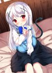  1girl bangs between_legs black_skirt blue_vest blurry blurry_background blush chinomaron commentary_request dark_persona demon_tail depth_of_field dutch_angle eyebrows_visible_through_hair fang gochuumon_wa_usagi_desu_ka? hair_ornament hand_between_legs heart heart-shaped_pupils highres index_finger_raised indoors kafuu_chino long_hair long_sleeves on_bed parted_lips puffy_long_sleeves puffy_sleeves rabbit_house_uniform red_eyes shirt signature sitting sitting_on_bed skirt smile solo symbol-shaped_pupils tail tail_raised twitter_username uniform very_long_hair vest waitress white_hair white_shirt x_hair_ornament 