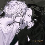  2boys black_hair black_hoodie closed_eyes couple dated earrings getou_suguru gojou_satoru greyscale hair_bun hand_up hood hoodie jewelry jujutsu_kaisen kiss long_hair looking_to_the_side messy_hair monochrome multiple_boys my_onenon1y round_eyewear shirt short_hair single_hair_bun stud_earrings sunglasses upper_body white_hair white_shirt yaoi 