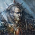  1boy armor black_legion closed_mouth commentary english_commentary eyes_of_horus_(warhammer_40k) fur-trimmed_armor fur_trim halo horus_lupercal lowres male_focus mechanical_halo noldofinve pauldrons pelt power_armor primarch shoulder_armor solo the_serpent&#039;s_scales_(warhammer) three_quarter_view traditional_media upper_body warhammer_40k wolf wolf_pelt 