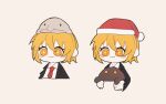  1girl :3 blobfish blonde_hair blush_stickers closed_mouth collared_shirt creature don_quixote_(project_moon) gnome_(project_moon) hat highres holding holding_creature limbus_company looking_to_the_side minasemochii multiple_views necktie project_moon red_necktie santa_hat shirt short_hair smile sparkling_eyes white_shirt yellow_eyes 