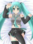  aqua_hair bed hatsune_miku jun_(aoerm) long_hair lying midriff solo thighhighs twintails very_long_hair vocaloid 