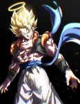  1boy alternate_form alternate_universe black_background black_vest black_wristband blonde_hair blue_sash blurry blurry_background blurry_foreground closed_mouth cowboy_shot cropped_vest dragon_ball dragon_ball_z earrings gogeta grey_eyes halo highres jewelry looking_at_viewer male_focus metamoran_vest muscular muscular_male pants sash serious single_earring solo spiked_hair super_saiyan tkht_9315 vest white_pants yellow_halo 