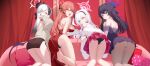  4girls absurdres aru_(blue_archive) aru_(dress)_(blue_archive) ass bare_legs black_hair black_panties black_pantyhose blue_archive blush breasts demon_horns demon_wings dress elbow_gloves fur_shawl gloves gradient_hair halo haruka_(blue_archive) haruka_(dress)_(blue_archive) highres horns kayoko_(blue_archive) kayoko_(dress)_(blue_archive) kneeling large_breasts looking_at_viewer looking_back multicolored_hair multiple_girls mutsuki_(blue_archive) mutsuki_(dress)_(blue_archive) nacho_(nacho_1103) panties pantyhose pink_hair problem_solver_68_(blue_archive) purple_dress purple_hair red_dress shawl shoe_dangle single_wing underwear white_gloves white_hair white_panties wings 