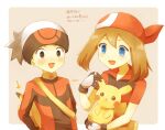  1boy 1girl :d bandana black_gloves blue_eyes blush brendan_(pokemon) brown_eyes brown_hair character_doll doll gloves hat holding holding_behind_back holding_doll long_sleeves may_(pokemon) open_mouth pikachu pokemon pokemon_rse red_bandana red_shirt shirt short_hair short_sleeves smile two-tone_gloves upper_body white_gloves white_hat ymzmi 