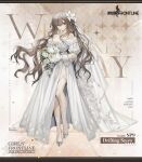  1girl 2024 bouquet breasts bridal_veil brown_hair character_name cleavage closed_mouth collarbone commentary copyright_name dress english_commentary english_text flower full_body girls&#039;_frontline grey_footwear hair_between_eyes hair_flower hair_ornament high_heels highres holding holding_bouquet long_hair looking_at_viewer medium_breasts mole mole_under_eye off-shoulder_dress off_shoulder official_alternate_costume official_art red_eyes second-party_source simple_background solo sp9_(drifting_snow)_(girls&#039;_frontline) sp9_(girls&#039;_frontline) standing strapless strapless_dress veil very_long_hair wedding_dress white_day white_dress white_flower youamo 