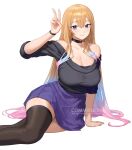 1girl arm_support bare_shoulders black_choker black_shirt black_thighhighs blonde_hair blue_hair borrowed_character breasts choker cleavage commentary commission feet_out_of_frame gradient_hair hand_up large_breasts long_hair looking_at_viewer miniskirt multicolored_hair nhaliz off-shoulder_shirt off_shoulder original pink_hair pleated_skirt purple_eyes purple_skirt shirt short_sleeves sitting skirt smile solo thighhighs v very_long_hair zettai_ryouiki 