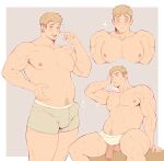  1boy absurdres bara blonde_hair blush bulge dungeon_meshi erection erection_under_clothes highres laios_touden large_pectorals male_focus male_underwear muscular muscular_male naked_towel navel navel_hair nipples one_eye_closed open_mouth pectorals penis rekkinj short_hair simple_background sitting smile testicles towel underwear white_male_underwear yellow_eyes 