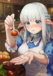  1girl absurdres apron blue_dress blue_eyes blush braid bread breasts cherry_tomato collar dress elf embarrassed feeding food full-face_blush highres holding holding_spoon large_breasts lettuce lips long_hair looking_at_viewer maid maid_apron maou_no_ore_ga_dorei_elf_wo_yome_ni_shitanda_ga_dou_medereba_ii? metal_collar nephelia plate pointy_ears santori sitting sleeves_rolled_up solo spoon steak table tomato upper_body very_long_hair white_apron white_hair wooden_table 