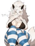  anthro aya_ryona big_breasts breasts canid canine canis chest_tuft clothed clothing female fur glistening glistening_breasts hi_res huge_breasts legwear looking_at_viewer mammal simple_background smile solo stockings tail thigh_highs tuft white_body white_fur wolf 