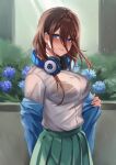  1girl blue_cardigan blue_eyes blue_flower bra_visible_through_clothes breasts brown_hair cardigan closed_mouth commentary_request flower go-toubun_no_hanayome green_skirt headphones headphones_around_neck highres inue_ao large_breasts long_hair_between_eyes looking_at_viewer nakano_miku off_shoulder pleated_skirt rain school_uniform see-through shirt shirt_tucked_in skirt smile solo wet wet_clothes wet_shirt white_shirt 