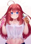  1girl absurdres ahoge bare_shoulders blue_eyes blush breasts bubble_tea closed_mouth cream cream_on_face crop_top cup eating food food_in_mouth food_on_face go-toubun_no_hanayome gradient_background hair_ornament hands_up highres holding holding_cup holding_food ice_cream_crepe joshjostar0729 large_breasts long_hair looking_at_viewer midriff nakano_itsuki navel red_hair shirt short_sleeves simple_background smile solo sparkle star_(symbol) star_hair_ornament white_background white_shirt 