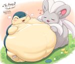  2023 blush crumbs cyndaquil duo embrace eyes_closed feral generation_2_pokemon generation_5_pokemon hand_on_belly heart_symbol minccino nawa nintendo obese obese_feral on_grass overweight overweight_feral pokemon pokemon_(species) 