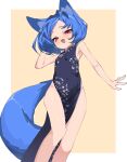  1girl absurdres adjusting_hair animal_ear_fluff animal_ears arm_at_side bare_legs black_dress blue_hair blush breasts china_dress chinese_clothes dress fang fox_ears fox_girl fox_tail groin hand_up highres looking_at_viewer miya_(myakuro) myakuro open_mouth original red_eyes short_hair side_slit skin_fang slit_pupils small_breasts solo standing tail 