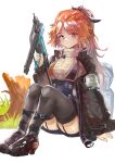  1girl :d arknights arm_at_side arm_rest backpack bag black_footwear black_jacket black_thighhighs blue_skirt blush boots brown_eyes full_body garter_straps grin high_heel_boots high_heels highres holding_tool jacket legs_together long_hair long_sleeves looking_at_viewer mg42cat-k1ng mole mole_under_eye nail_gun open_clothes open_jacket open_mouth orange_hair pinecone_(arknights) ponytail sidelocks simple_background skirt smile solo suspender_skirt suspenders sweater teeth thighhighs tree_stump turtleneck turtleneck_sweater white_background white_sweater 