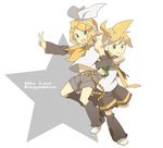  1girl blonde_hair brother_and_sister green_eyes hayato_(meromoni) kagamine_len kagamine_rin microphone siblings twins v vocaloid 