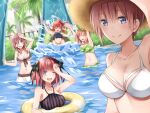  &gt;_&lt; 1boy 5girls :d ;d bikini black_hair black_ribbon blue_eyes blunt_bangs breasts brown_bikini brown_hair butterfly_hair_ornament cleavage commentary_request front-tie_bikini_top front-tie_top go-toubun_no_hanayome green_bikini hair_ornament hair_ribbon halterneck hat highres inflatable_raft jii_tomo large_breasts long_hair long_hair_between_eyes looking_at_viewer multiple_girls nakano_ichika nakano_itsuki nakano_miku nakano_nino nakano_yotsuba navel one_eye_closed orange_hair outdoors pink_hair ponytail pool quintuplets red_hair ribbon selfie short_hair side-tie_bikini_bottom smile splashing star_(symbol) star_hair_ornament straw_hat sun_hat swimsuit two-tone_bikini two_side_up uesugi_fuutarou water_slide white_bikini 