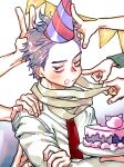  1boy bags_under_eyes blush boku_no_hero_academia cake fingernails food food_on_face grey_scarf hand_on_another&#039;s_shoulder happy_birthday hat holding holding_plate male_focus necktie oru_2ji out_of_frame party_hat plate purple_hair red_necktie scarf scarf_pull shinsou_hitoshi shirt short_hair solo_focus string_of_flags v white_shirt 