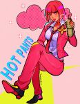  1girl absurdres bob_cut breasts character_name commentary cream_starter_(stand) english_commentary highres hot_pants_(sbr) huyandere invisible_chair jacket jojo_no_kimyou_na_bouken loose_necktie medium_breasts necktie pants pink_eyes pink_hair pink_jacket pink_necktie pink_pants sitting solo sparkle spray_can stand_(jojo) steel_ball_run 