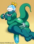 anthro anus basilthedragon belly bodily_fluids butt crown cum cum_in_ass cum_inside digital_drawing_(artwork) digital_media_(artwork) elemental_creature elemental_humanoid feet flora_fauna genital_fluids genitals green_body headgear hi_res humanoid lips male mario_bros nintendo nude penis piranha_plant plant plant_humanoid solo spikes tail