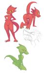  3_toes all_fours ambiguous_gender anthro anus claws feet female genitals green_body hi_res looking_at_viewer looking_back multiple_images navel nude open_mouth pussy raised_tail red_body scalie simple_background sketch smile solo standing tail teeth toes unknown_artist white_background yellow_eyes 