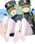  2girls absurdres armband black_hat black_jacket black_shorts black_skirt blue_archive blue_armband blush buttons commentary demon_tail double-breasted fang feet green_hair green_halo halo hat highres hikari_(blue_archive) jacket legs_up long_hair long_sleeves looking_at_viewer miniskirt multiple_girls no_shoes nozomi_(blue_archive) open_mouth pantyhose peaked_cap pleated_skirt pointy_ears short_shorts shorts sidelocks sitting skin_fang skirt smile soles symbol-only_commentary tail toes twintails weimiaw white_pantyhose yellow_eyes 