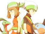  1boy 1girl backpack bag bandana bare_shoulders black_hair blue_eyes blush brendan_(pokemon) brown_eyes brown_hair closed_mouth dress fanny_pack from_side green_bag green_bandana grovyle hand_on_another&#039;s_head hat looking_at_another marshtomp may_(pokemon) open_mouth orange_dress pokemon pokemon_(creature) pokemon_emerald pokemon_rse shared_speech_bubble shirt short_hair sleeveless sleeveless_dress speech_bubble translation_request upper_body white_background white_hat ymzmi 