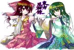  brown_hair detached_sleeves green_eyes green_hair hair_ornament hair_ribbon hakurei_reimu kochiya_sanae long_hair multiple_girls red_eyes ribbon tadano_kagekichi touhou translated 