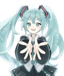  blue_eyes blue_hair blush collared_shirt detached_sleeves esy hair_ornament hatsune_miku highres long_hair long_sleeves looking_at_viewer necktie open_mouth outstretched_arms pleated_skirt shirt skirt sleeveless sleeveless_shirt smile twintails very_long_hair vocaloid 
