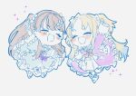  2girls ^_^ bandaid bandaid_hair_ornament bandaid_on_leg blonde_hair blue_dress blue_hair blush_stickers bow bowtie brown_hair chibi chibi_only choker clenched_hands closed_eyes coat_dress commentary dress dress_bow fujishima_megumi gradient_hair hair_bow hair_ornament hand_up heart heart_choker heart_o-ring highres light_blue_hair limited_palette link!_like!_love_live! long_hair long_sleeves love_live! mira-cra_park! multicolored_hair multiple_girls open_mouth osawa_rurino parted_bangs pink_dress pleated_dress purple_bow raised_fist red_bow red_bowtie redrawn shnnnnrn1 short_sleeves simple_background slippers smile sparkle twintails two_side_up v-shaped_eyebrows virtual_youtuber white_background white_dress 