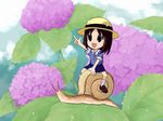  azumanga_daiou brown_eyes brown_hair chibi flower hat hydrangea kasuga_ayumu minigirl open_mouth pointing riding school_uniform snail solo takano_hayato wallpaper 