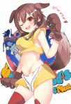  1girl absurdres animal_ears animal_hands apron bone-shaped_pupils bone_hair_ornament braid breasts brown_hair cartoon_bone collar cutout_above_navel dog_ears dog_girl dog_tail doggy_god&#039;s_street gloves hair_ornament highres hololive inugami_korone looking_at_viewer low_twin_braids miniskirt navel official_alternate_costume one_eye_closed paw_gloves red_socks shirt short_sleeves skirt smile socks solo spiked_collar spikes symbol-shaped_pupils tail thighhighs thighs twin_braids virtual_youtuber waist_apron yellow_shirt yuzf 
